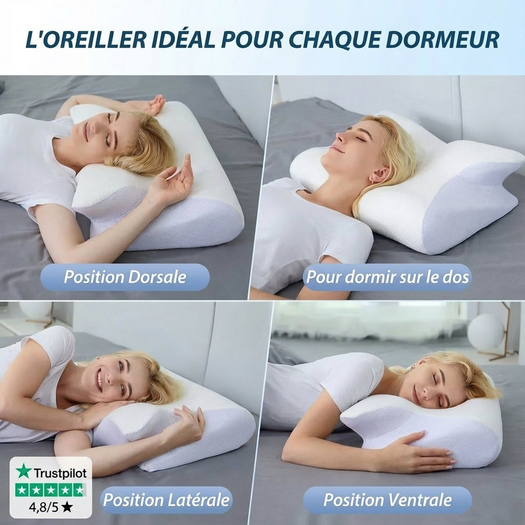 Oreiller Ergonomique Anti-Douleurs Cervicales - Mousse à Mémoire de Forme + Taie Incluse