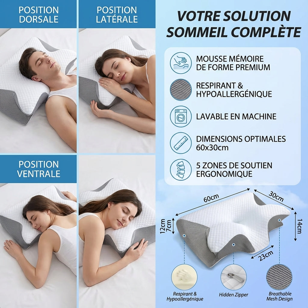 Oreiller Ergonomique Anti-Douleurs Cervicales - Mousse à Mémoire de Forme + Taie Incluse