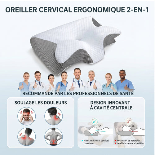 Oreiller Ergonomique Anti-Douleurs Cervicales - Mousse à Mémoire de Forme + Taie Incluse
